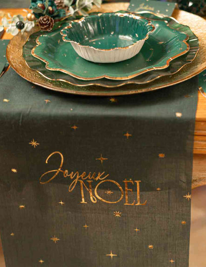 Caminho de mesa Feliz Natal atemporal verde inglês e dourado 28 cm x 3 m