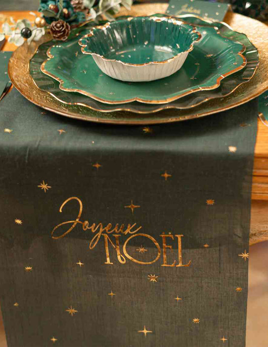 Caminho de mesa Feliz Natal atemporal verde inglês e dourado 28 cm x 3 m