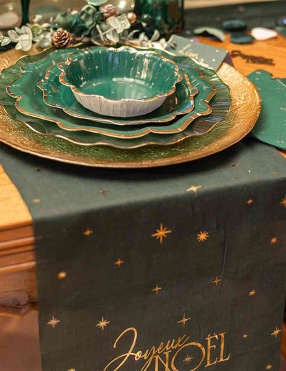 Caminho de mesa Feliz Natal atemporal verde inglês e dourado 28 cm x 3 m