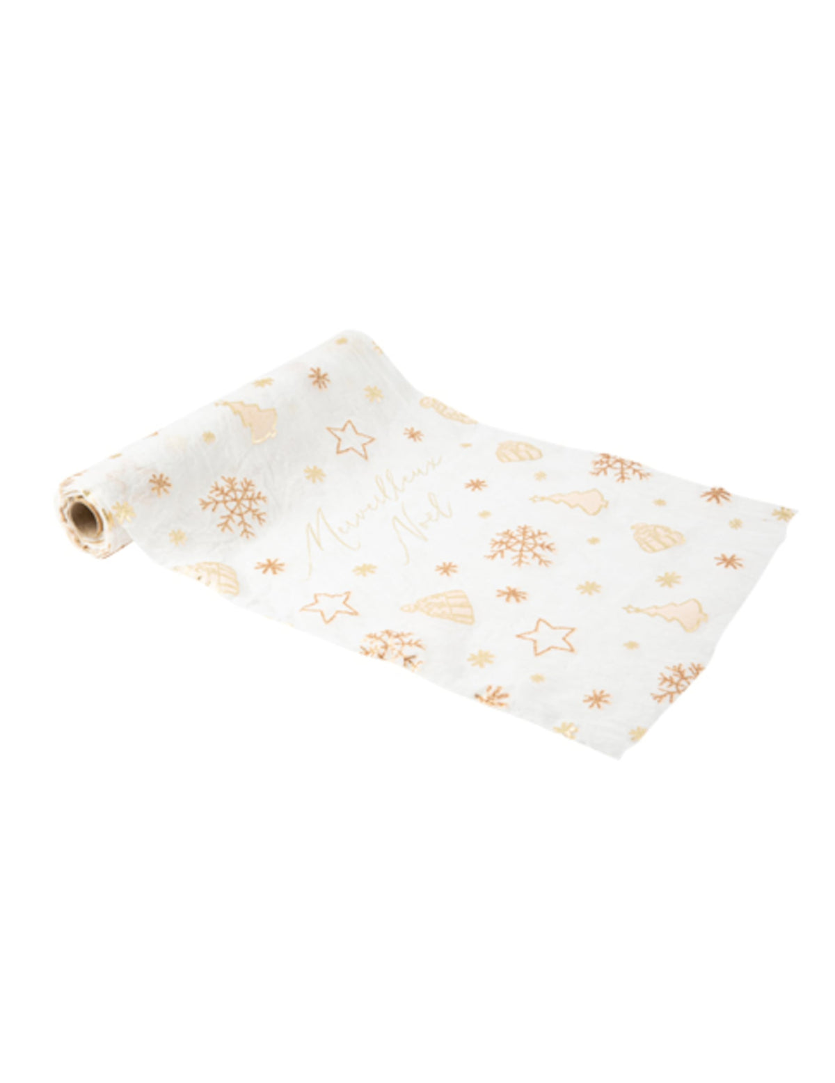 Chemin de table merveilleux Noël blanc et doré avec motifs sapins
