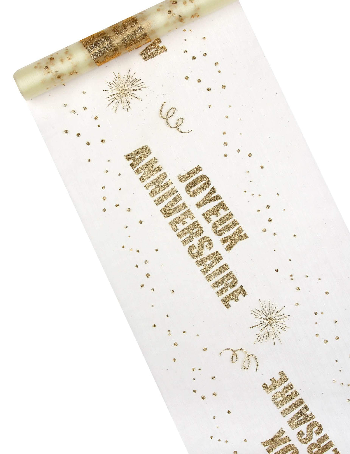 Caminho de mesa em organza Feliz aniversário para festa branco e dourado com purpurinas