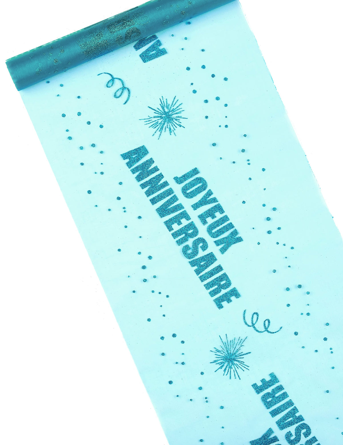 Chemin de table organza joyeux anniversaire turquoise à paillettes