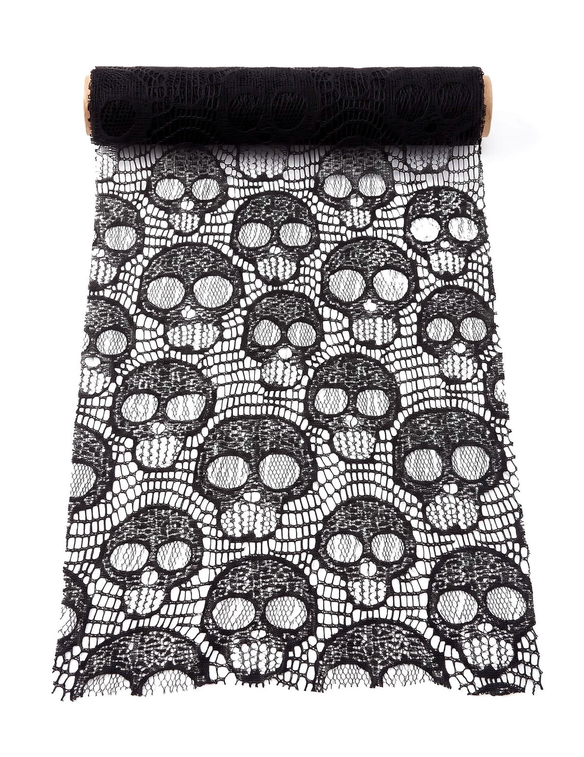 Caminho de mesa de caveira em renda preta 28 cm x 3 m