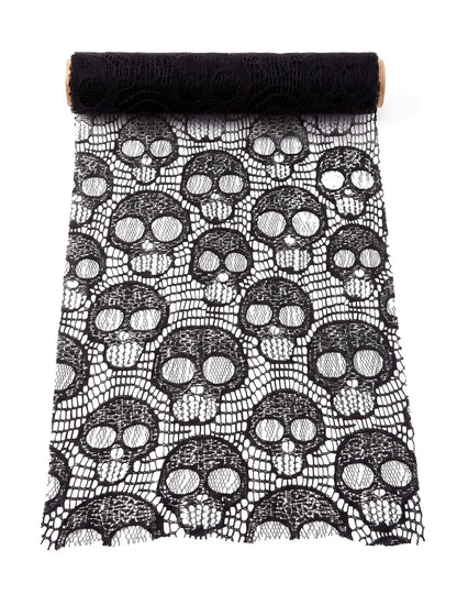 Caminho de mesa de caveira em renda preta 28 cm x 3 m
