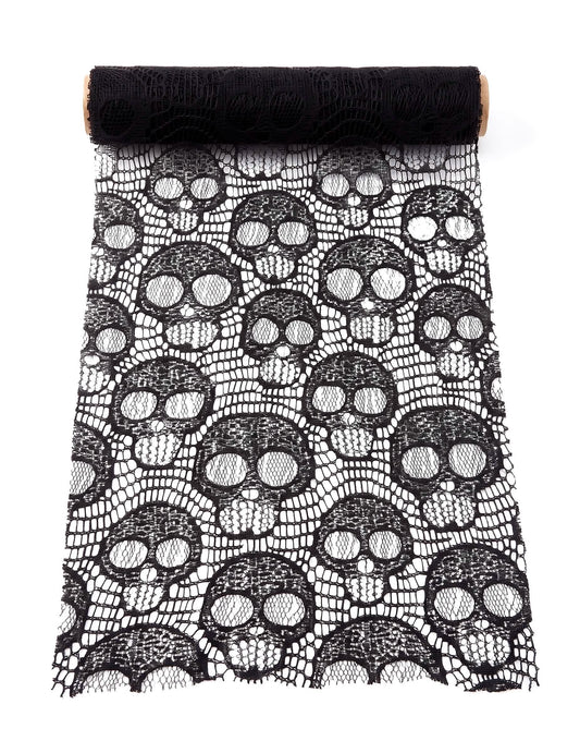 Caminho de mesa de caveira em renda preta 28 cm x 3 m