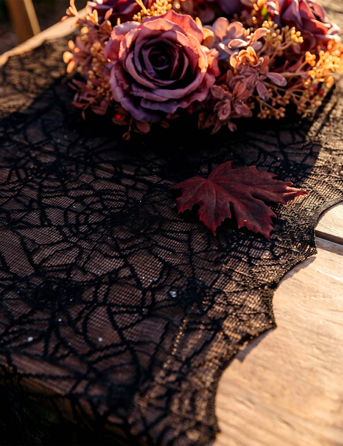 Caminho de mesa de teia de aranha em renda preta 44 cm x 1,82 m