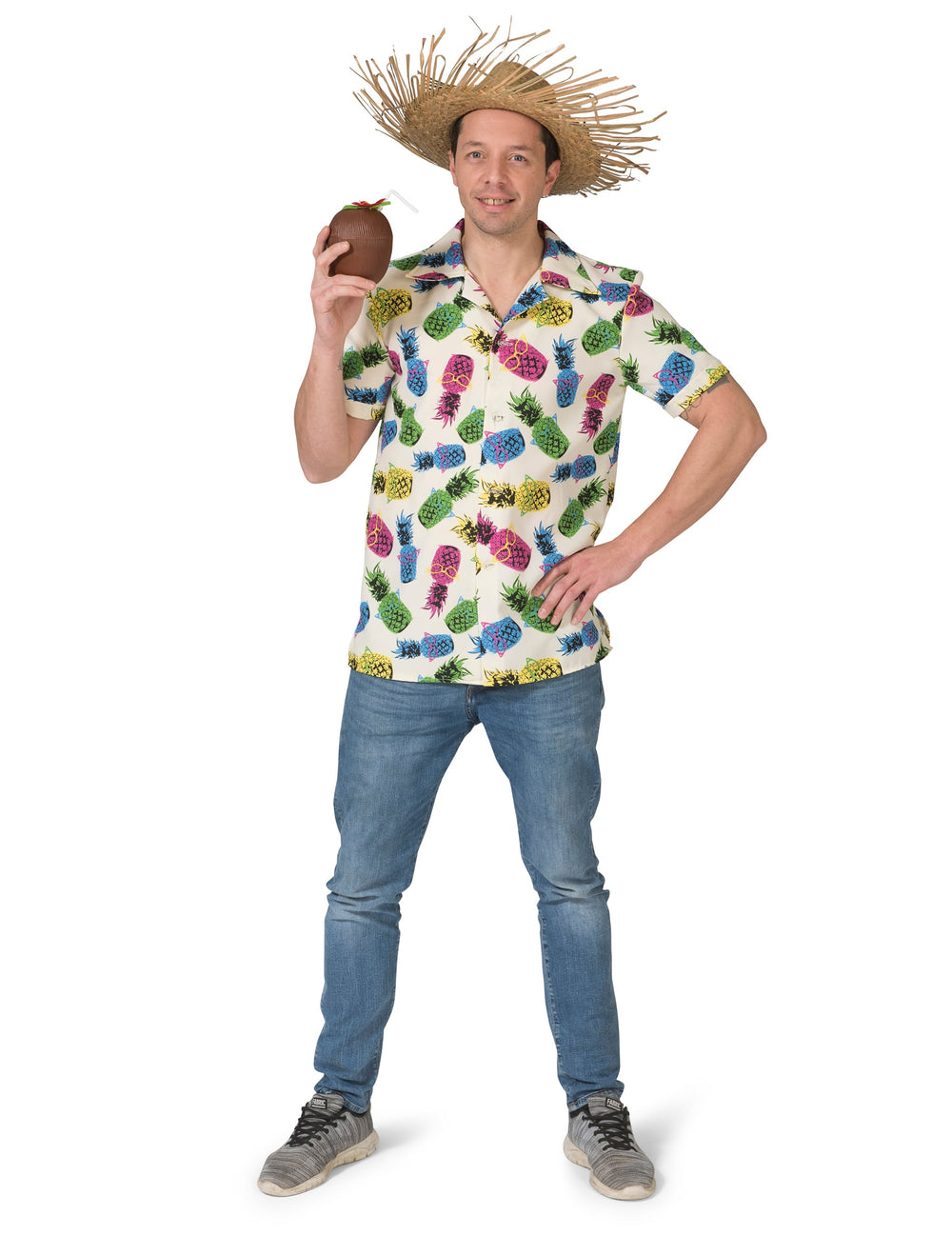 Chemise à motif ananas pour homme blanche à motifs multicolores