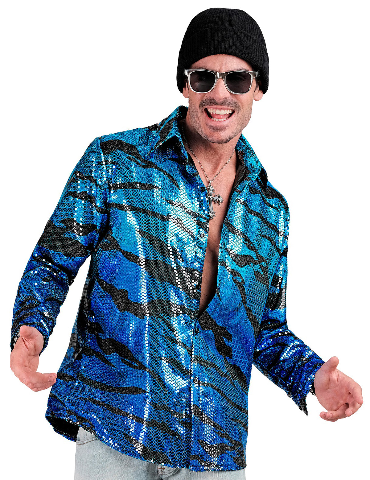 Camisa ondulada azul com lantejoulas para homem