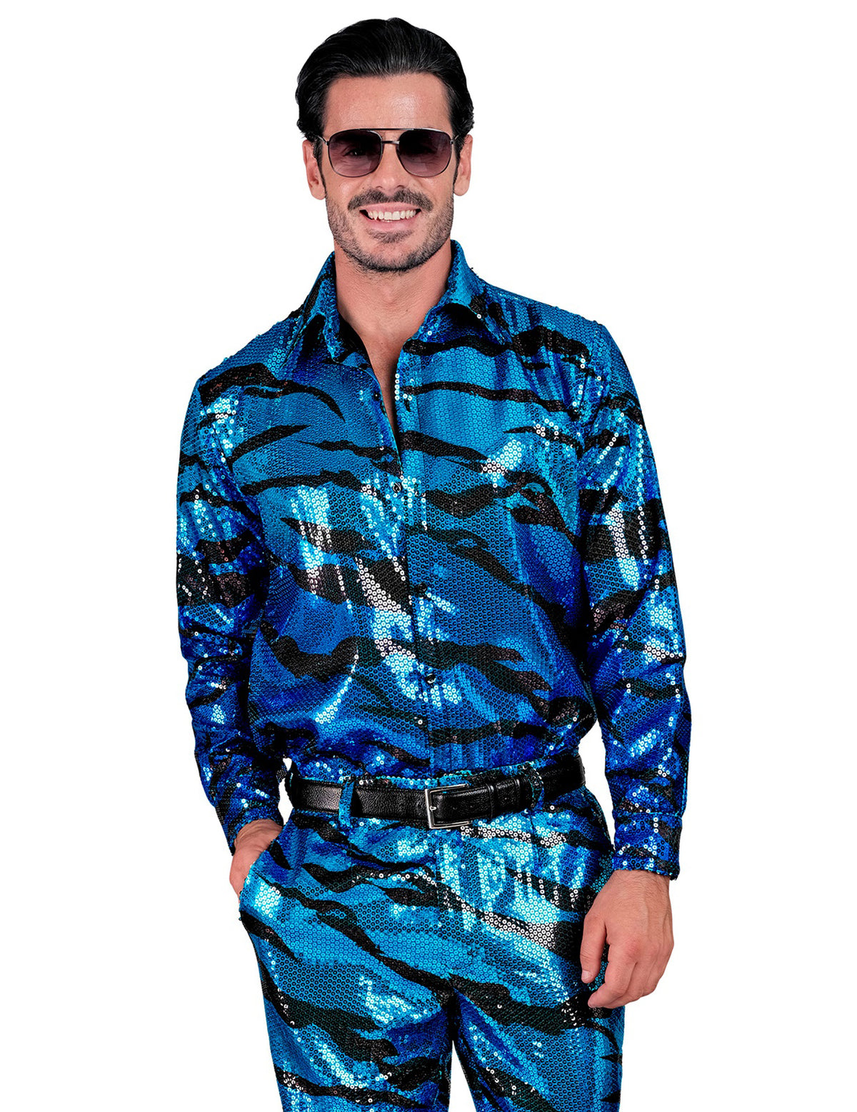 Camisa ondulada azul com lantejoulas para homem