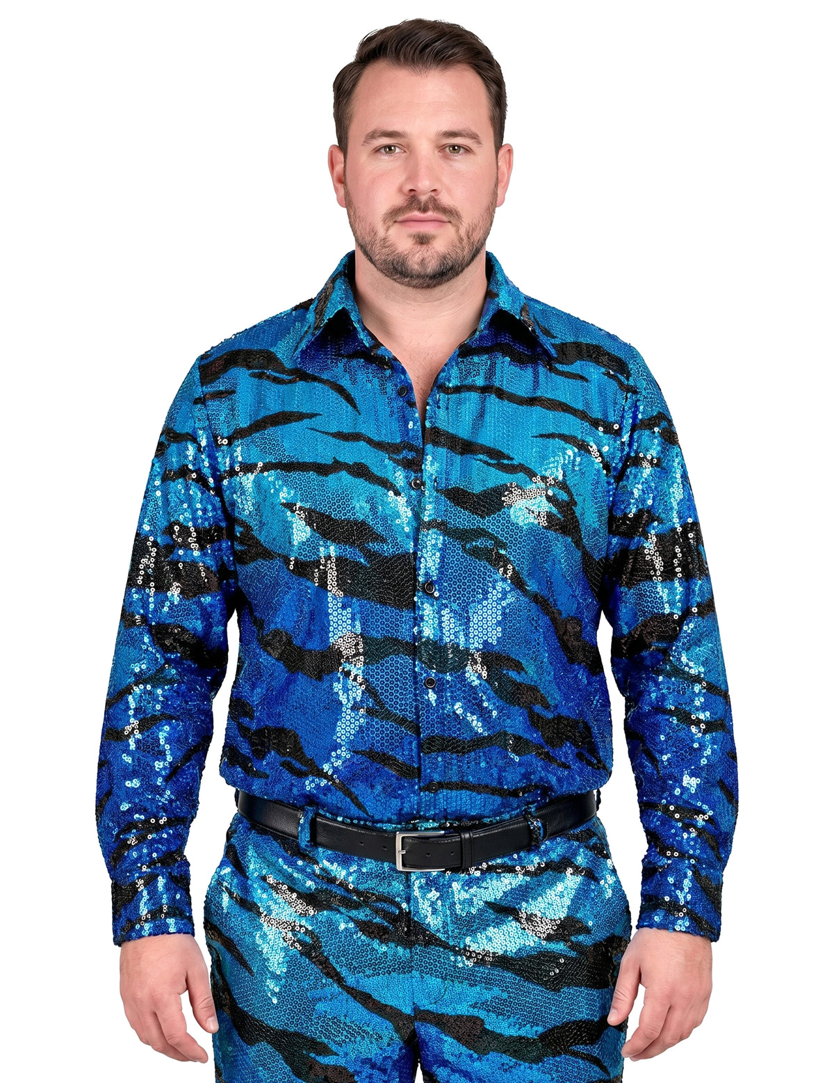 Camisa ondulada azul com lantejoulas para homem