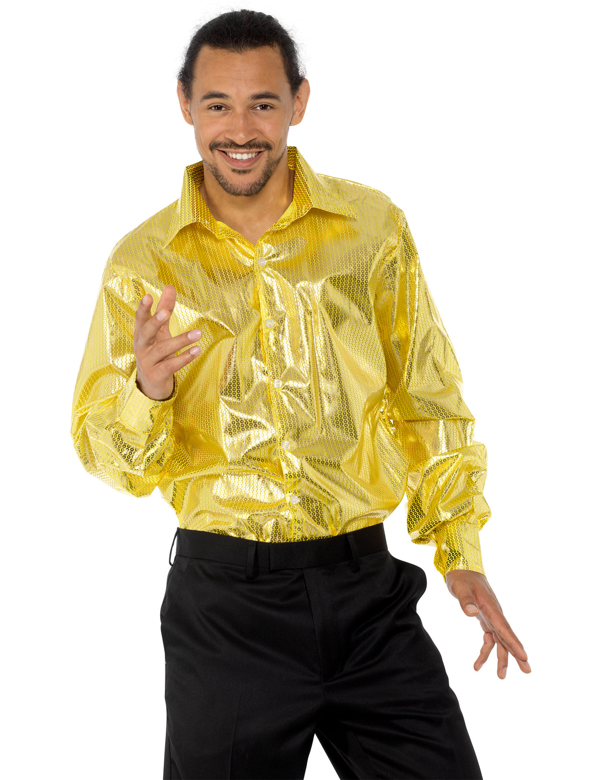 Vue de face de la chemise disco pour homme à sequins dorés