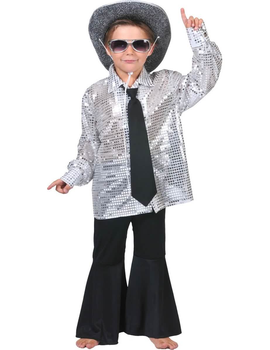 Camisa disco para menino prateada com lantejoulas