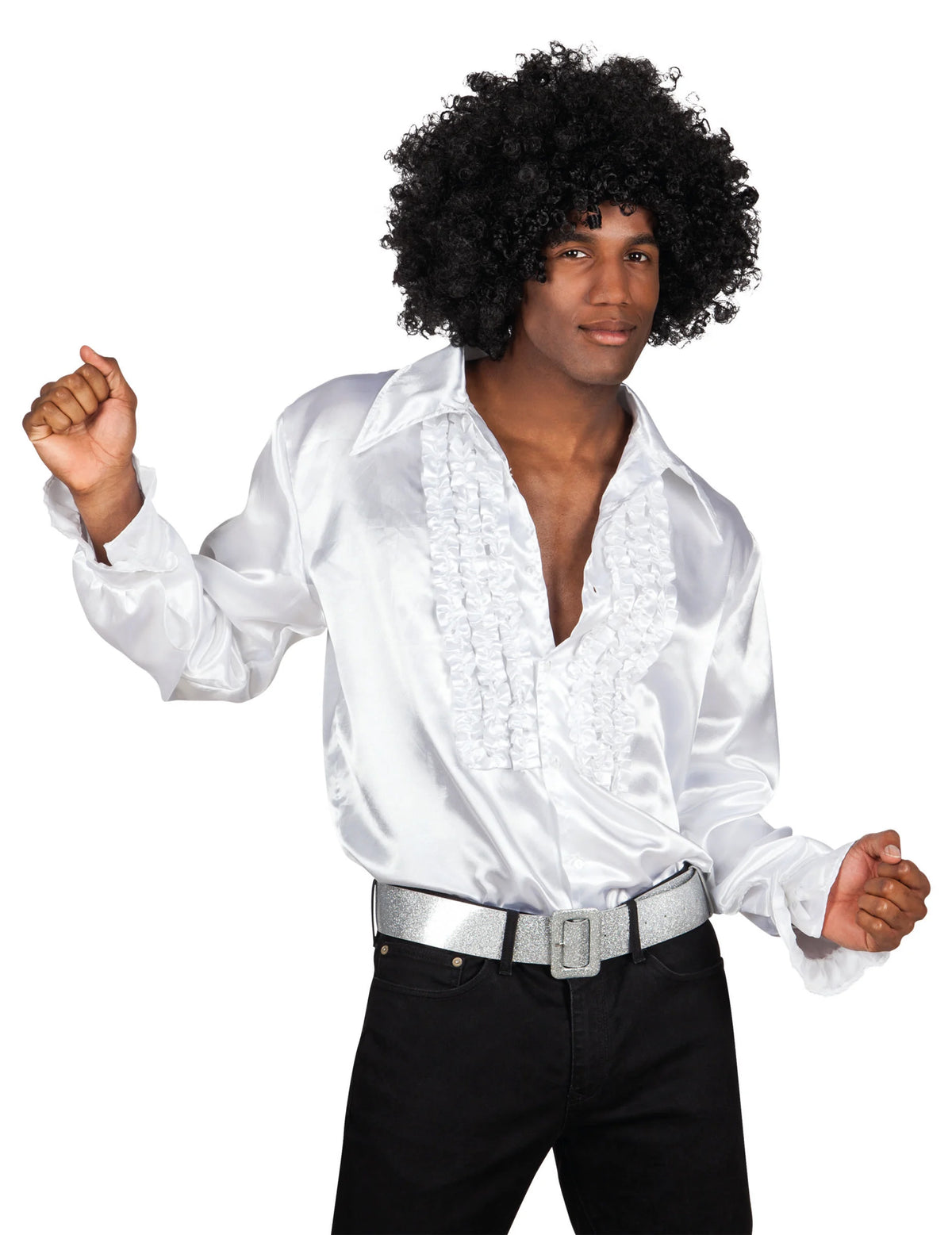 Détail du jabot à volants de la chemise disco pour homme