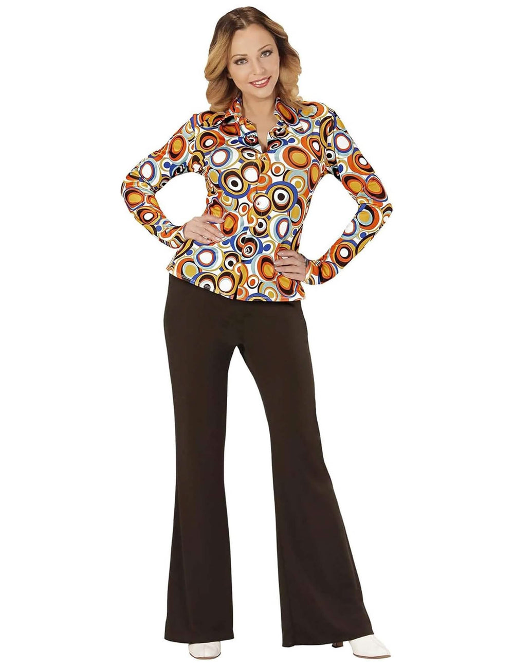 Vista frontal da camisa groovy bubbles anos 70
