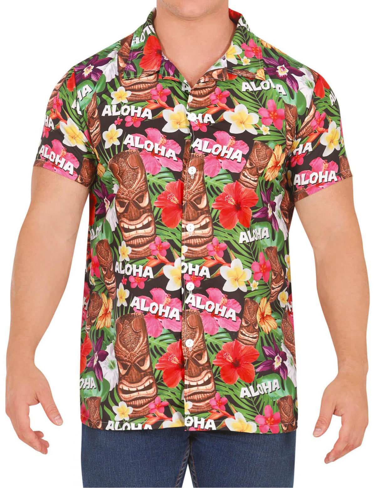 Chemise hawaïenne Aloha pour adulte multicolore à motifs tiki et fleurs tropicales