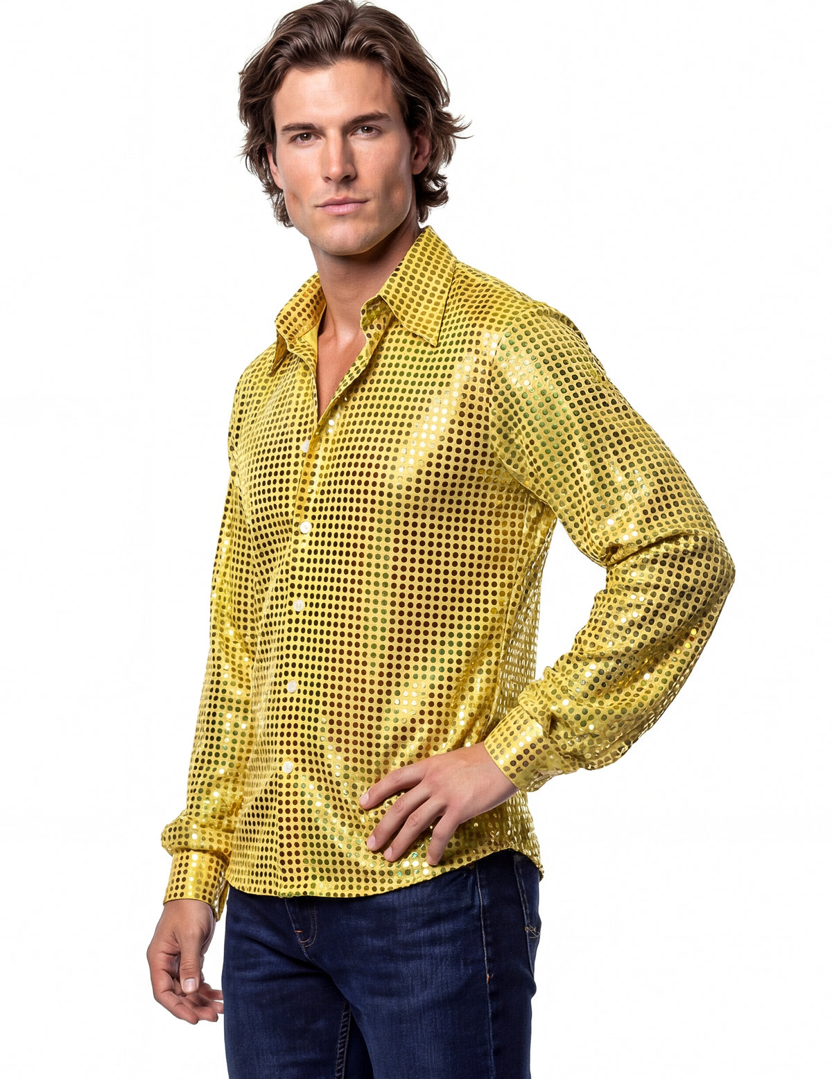Vue de profil de la chemise disco pour homme jaune haut de gamme