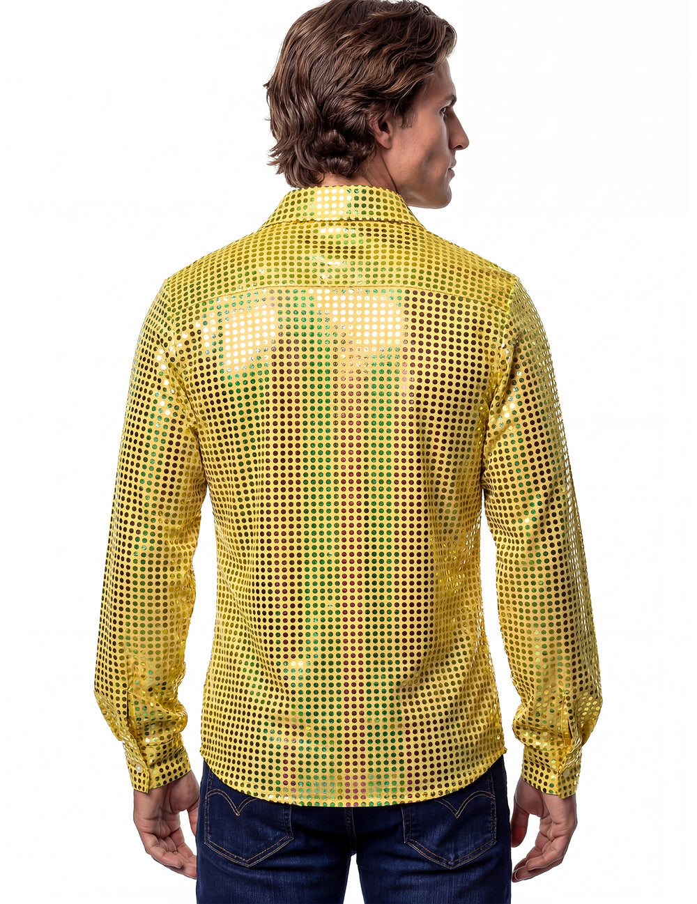 Vue de dos de la chemise disco pour homme jaune haut de gamme à sequins