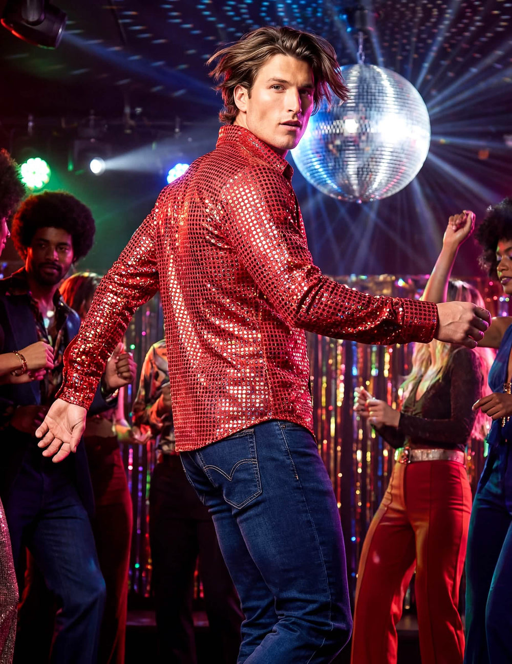 Camisa disco para homem vermelho gama alta com lantejoulas