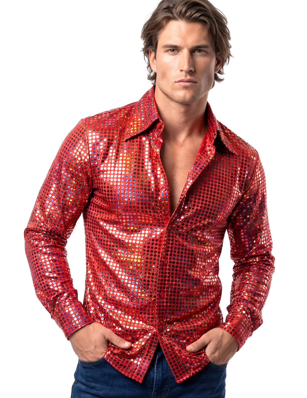 Plano aproximado da camisa disco para homem vermelha gama alta