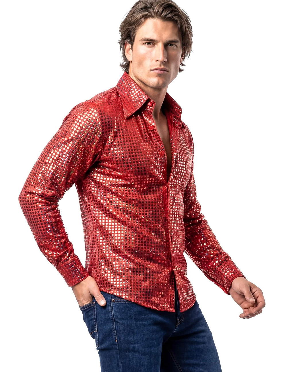 Vista de perfil da camisa disco vermelha de gama alta para homem