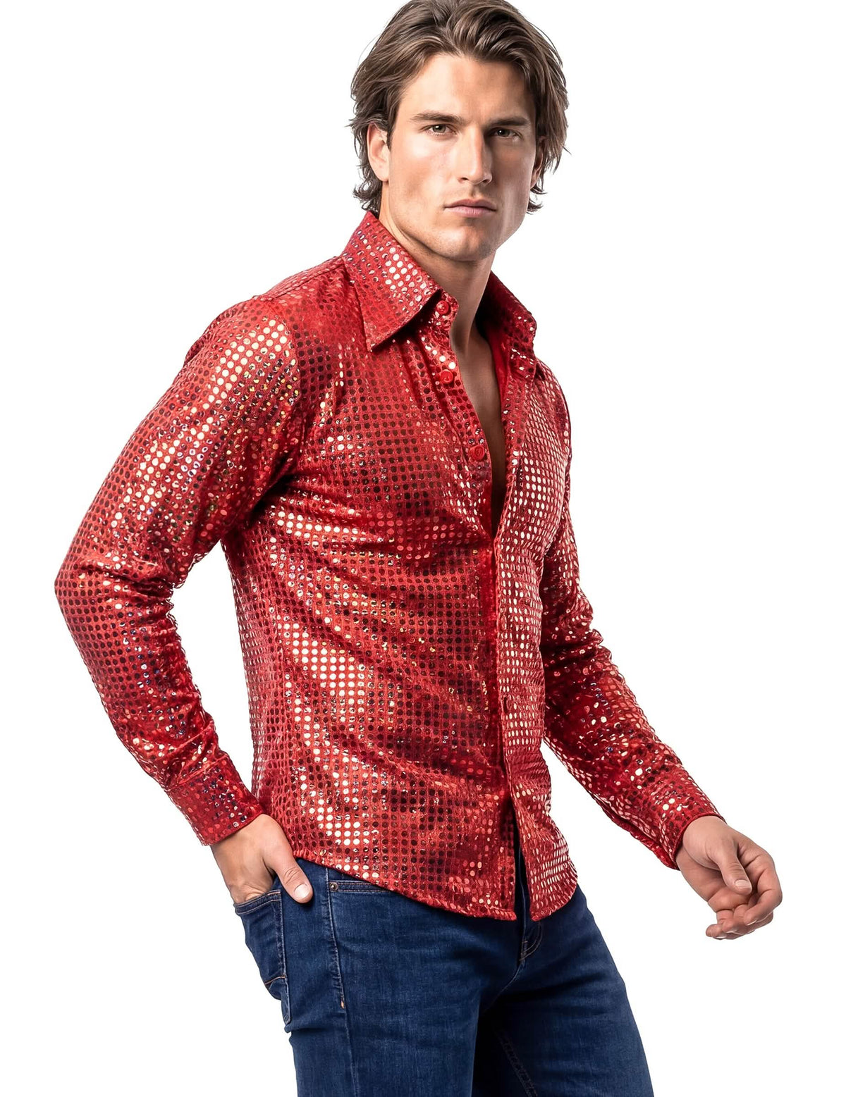 Vista de perfil da camisa disco vermelha de gama alta para homem
