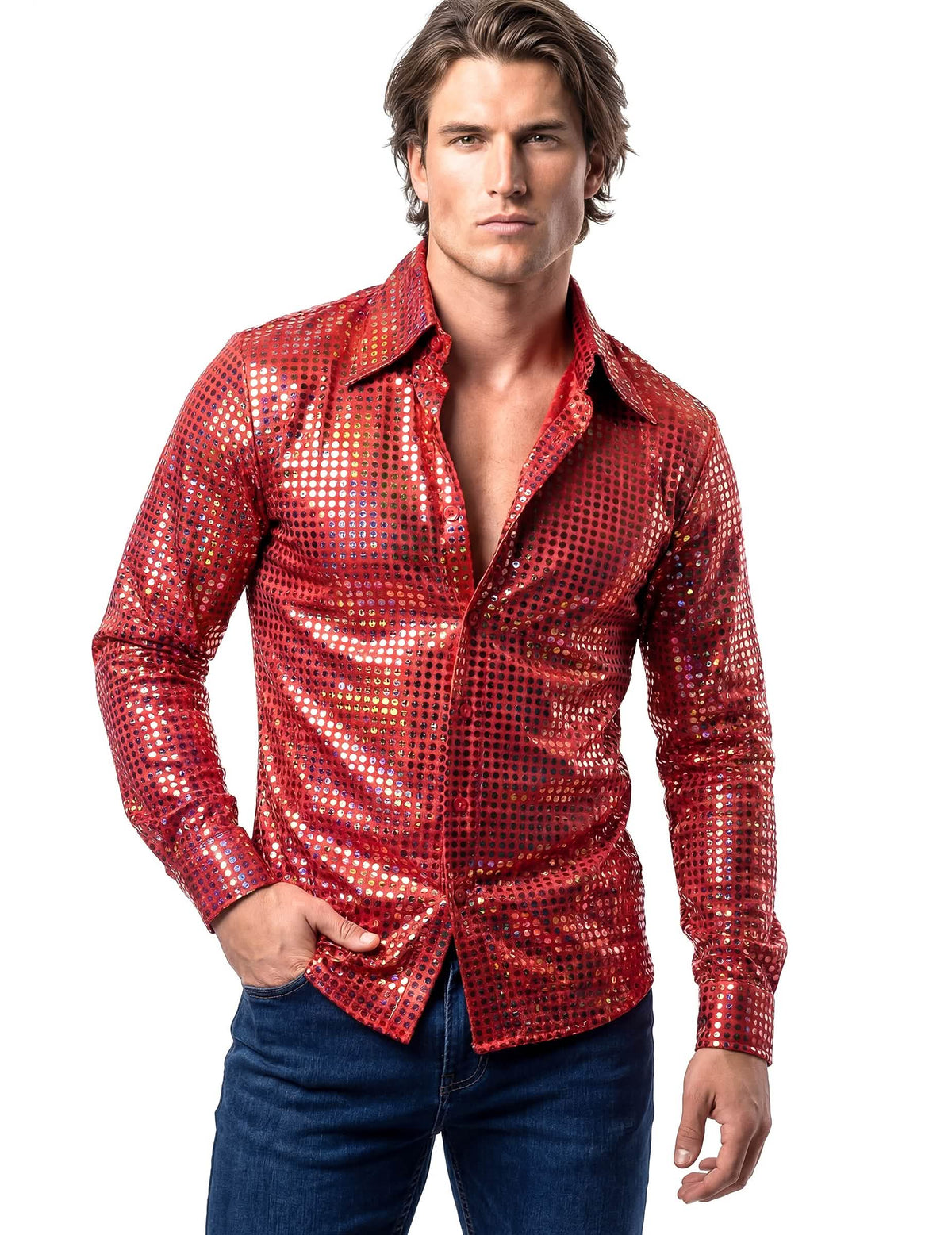 Vista frontal da camisa disco para homem vermelha de gama alta