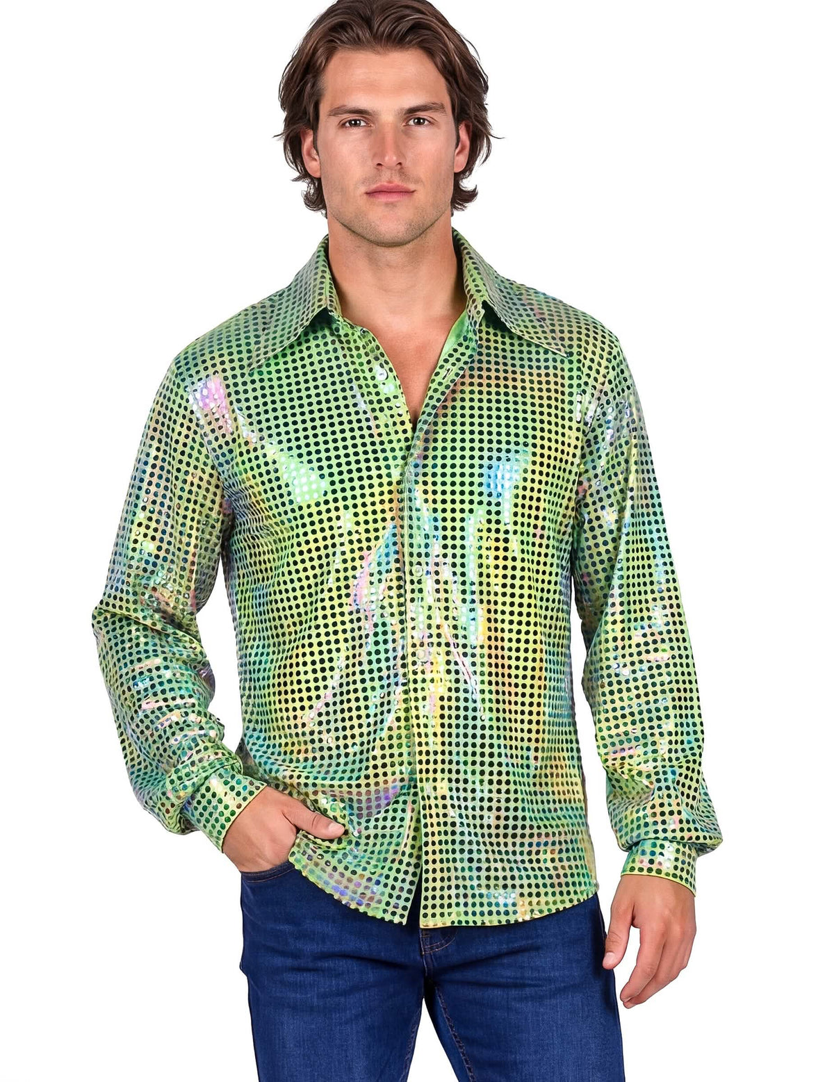 Vista frontal da camisa disco para homem