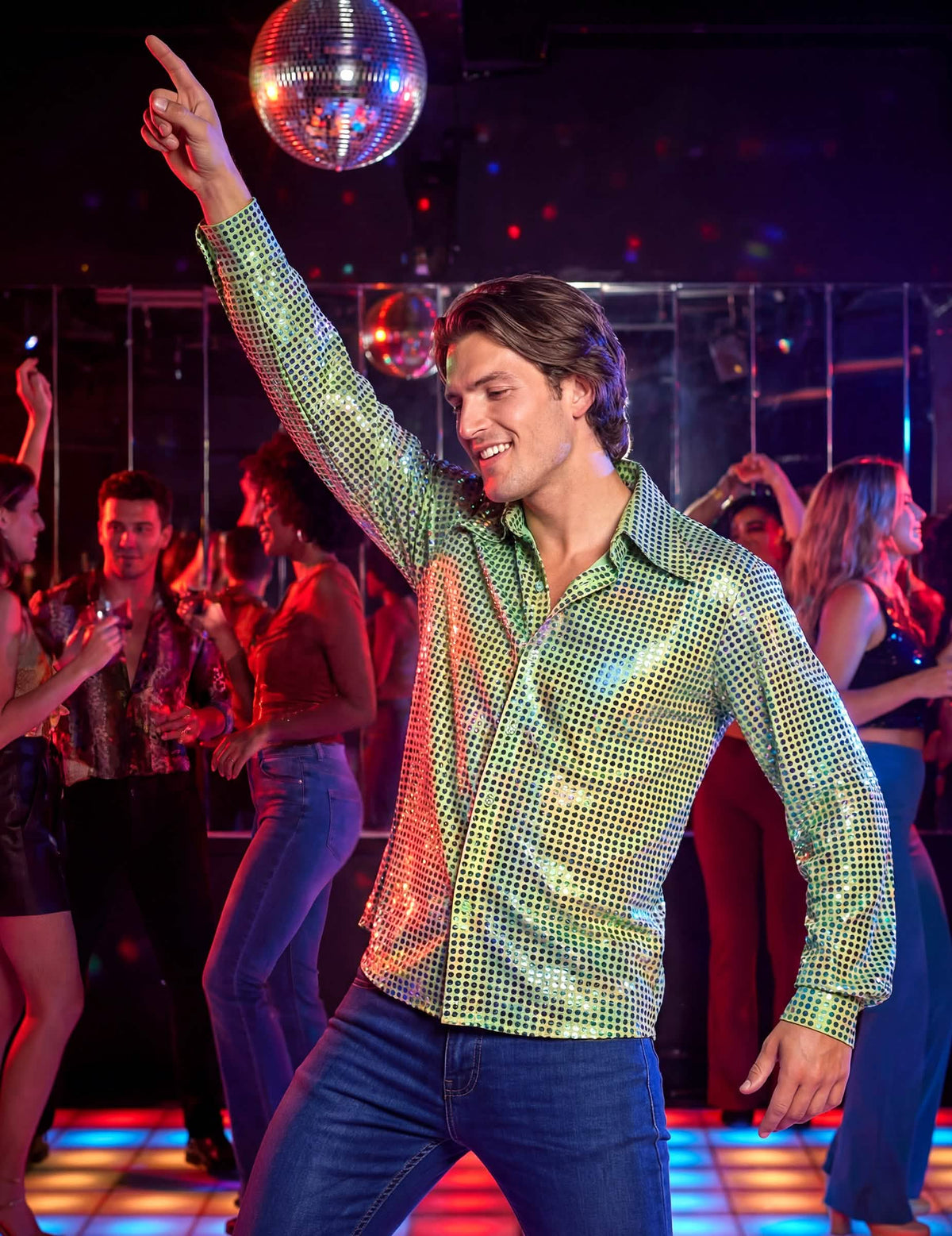 Camisa disco para homem verde com lantejoulas gama alta