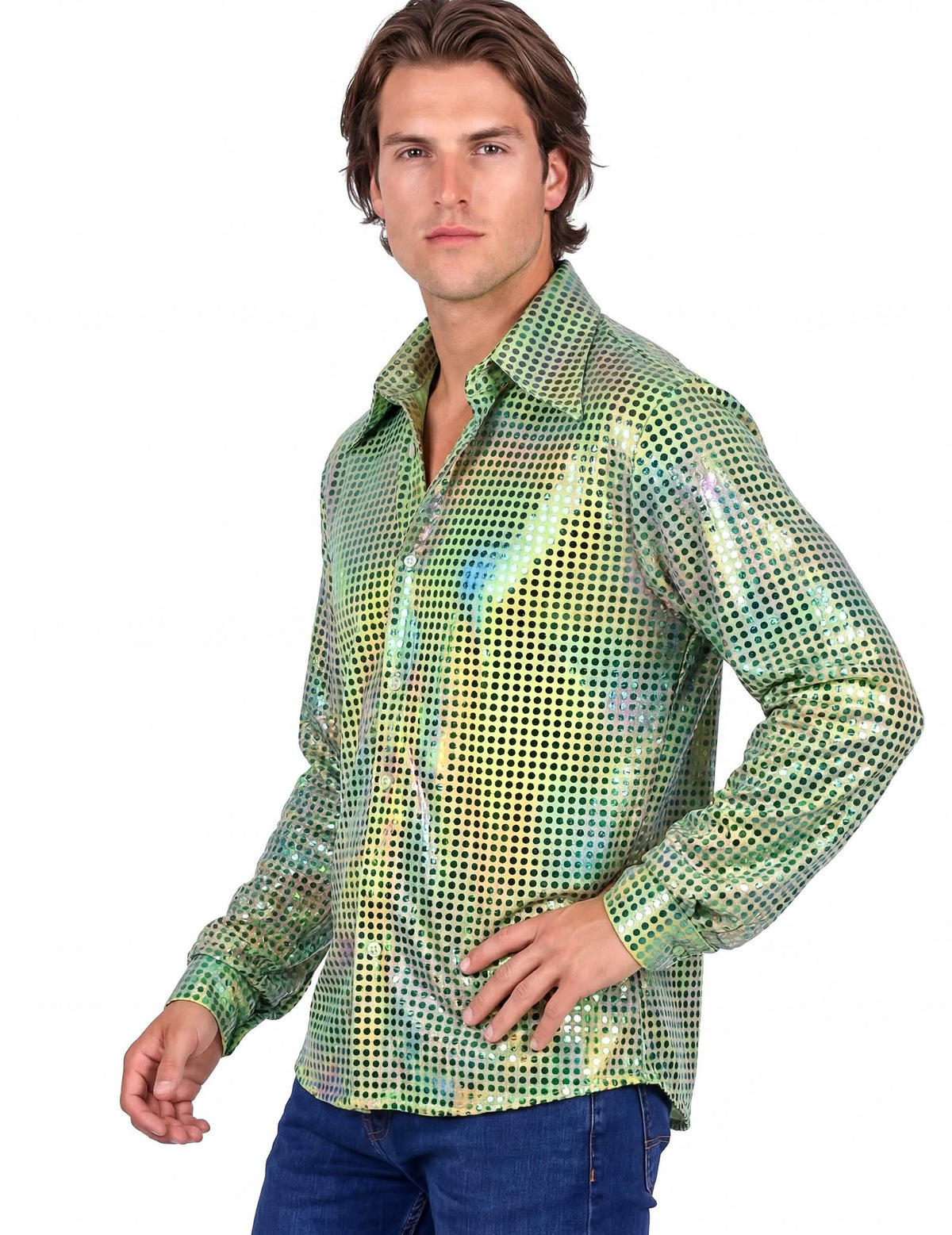 Vista de perfil da camisa disco para homem