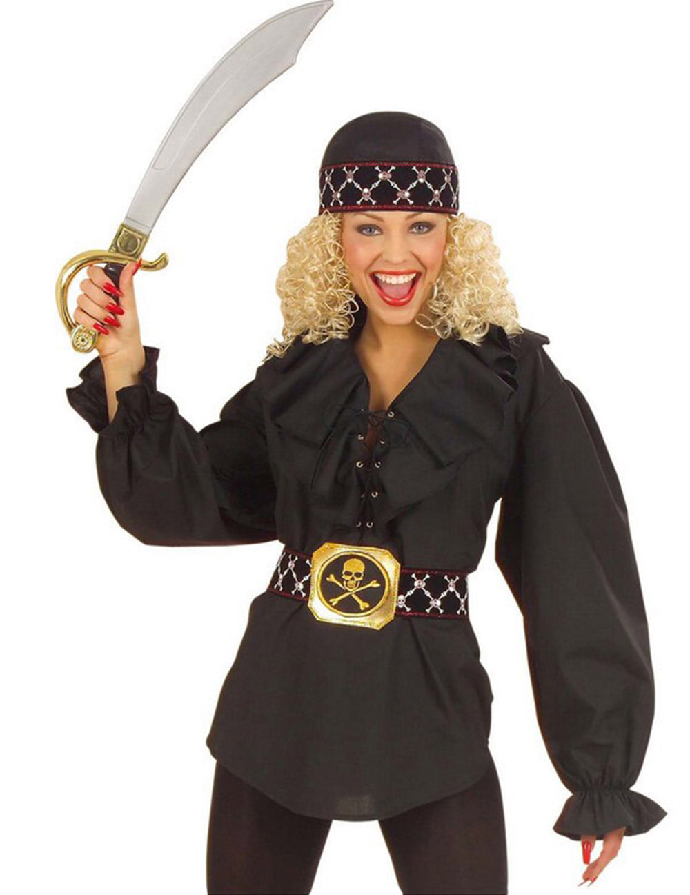 Chemise pirate pour femme noire avec ceinture à tête de mort et bandana