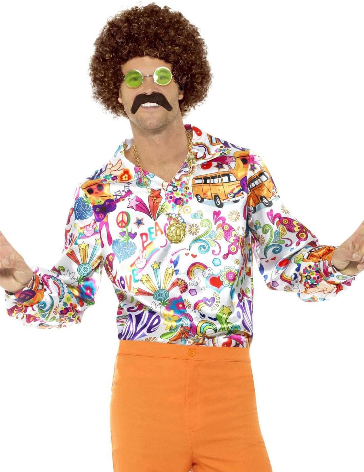 Camisa acetinada hippie dos anos 60 para homem branca multicores com padrões psicadélicos