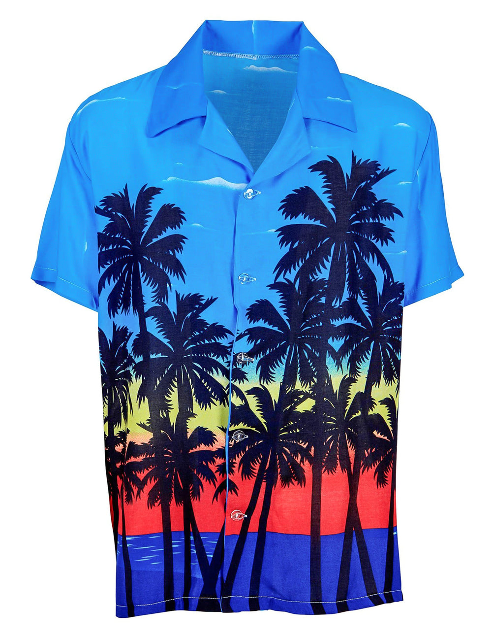 Chemise de touriste hawaïen pour adulte bleue à motif palmiers au coucher du soleil