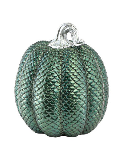 Abóbora decorativa em resina textura pele de cobra verde iridescente 16,5 x 16,5 x 20 cm