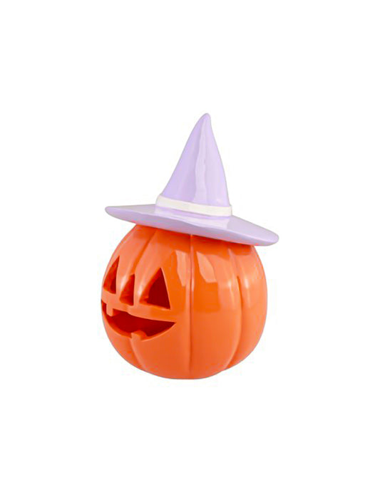 Abóbora de resina laranja com chapéu lilás 17 cm
