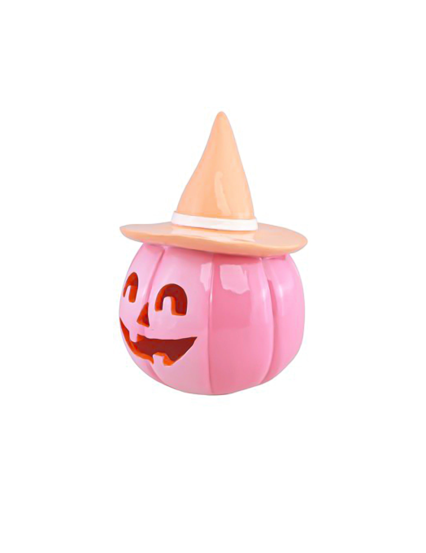 Abóbora de resina rosa com chapéu laranja pastel 17 cm