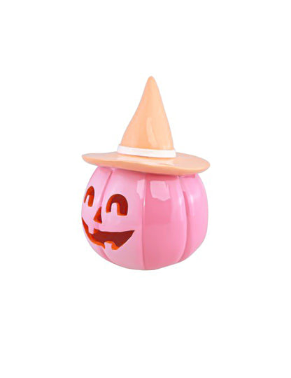 Abóbora de resina rosa com chapéu laranja pastel 17 cm
