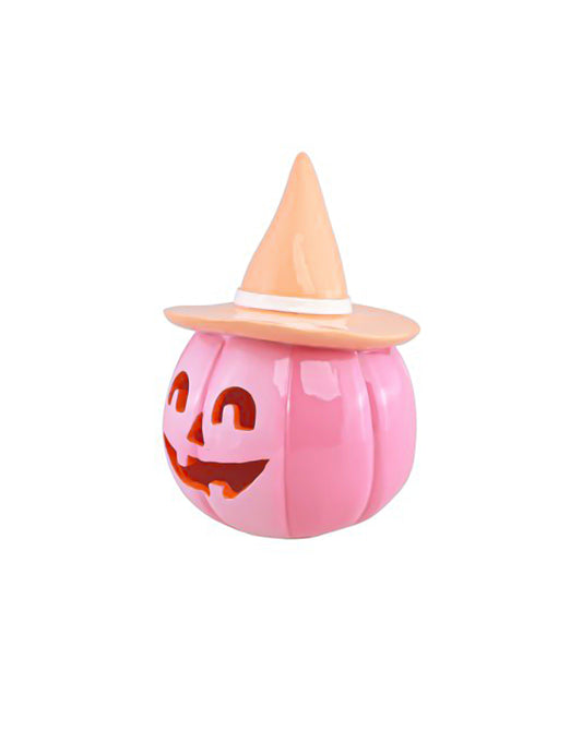 Abóbora de resina rosa com chapéu laranja pastel 17 cm