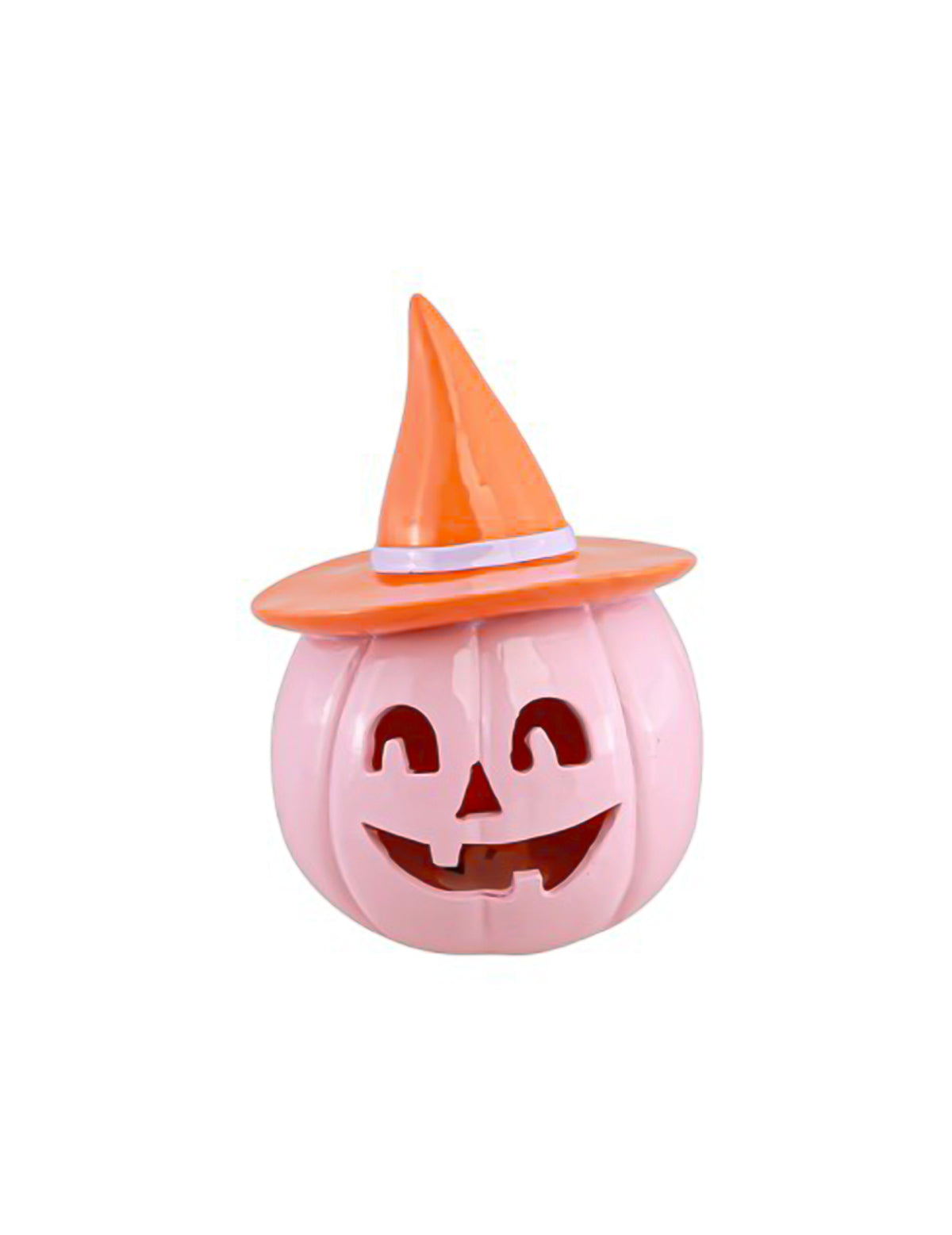 Abóbora de resina rosa pastel com chapéu laranja 17 cm