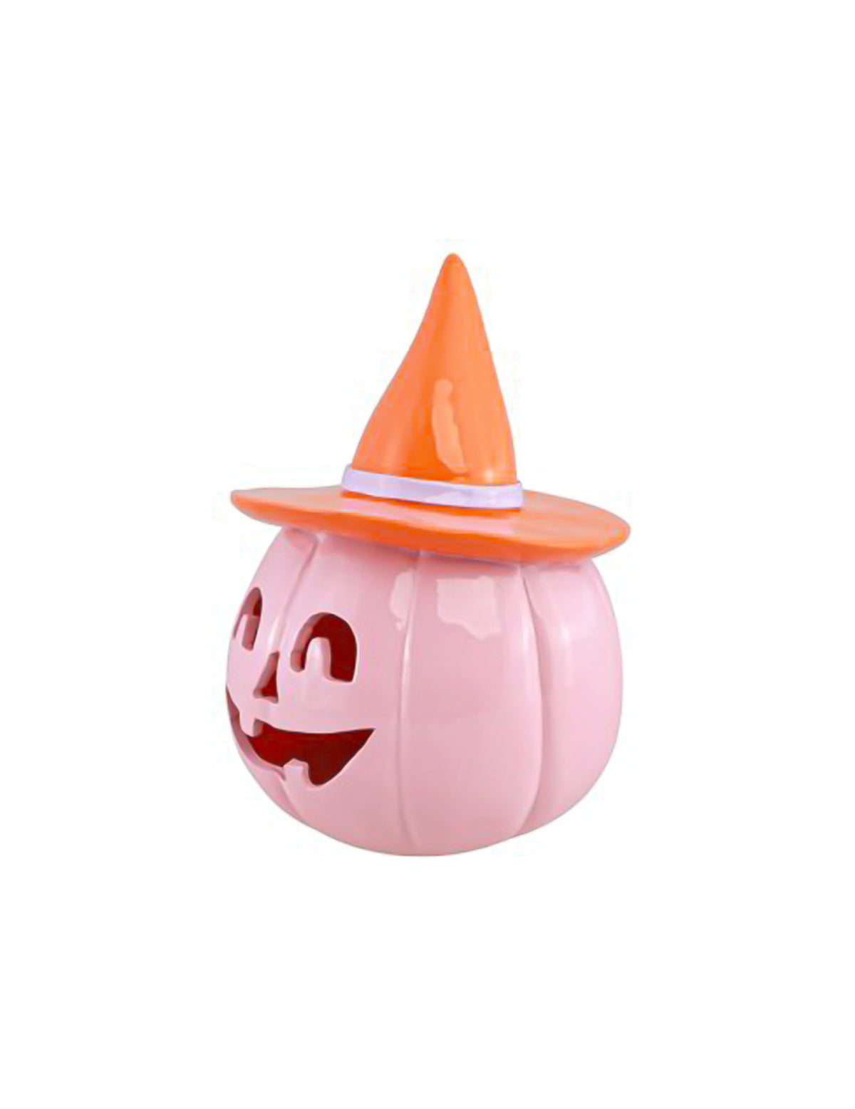 Abóbora de resina rosa pastel com chapéu laranja 17 cm