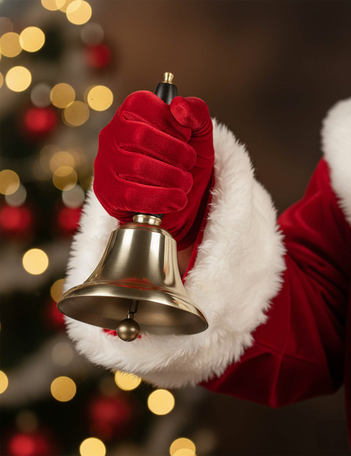 Gros plan sur la cloche tenue par une main gantée de la Cloche du Père Noël de luxe pour adulte