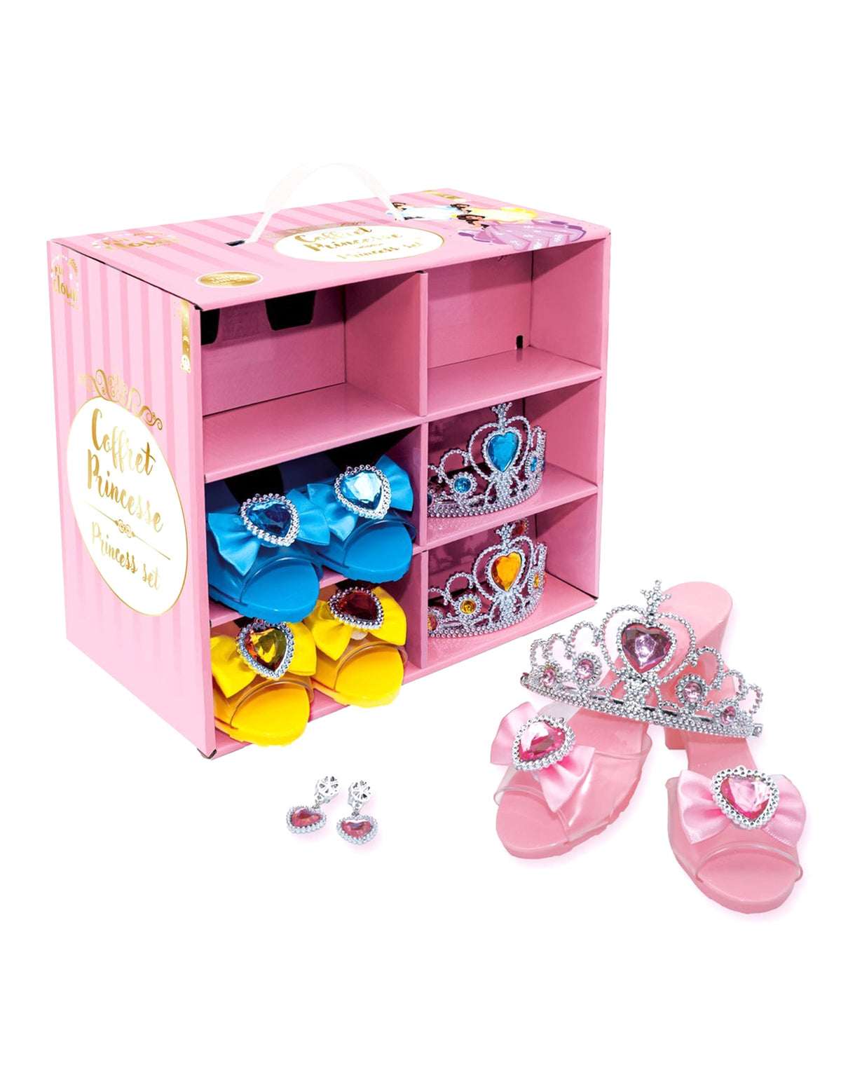Coffret accessoires princesses pour enfant bleus, roses et jaunes