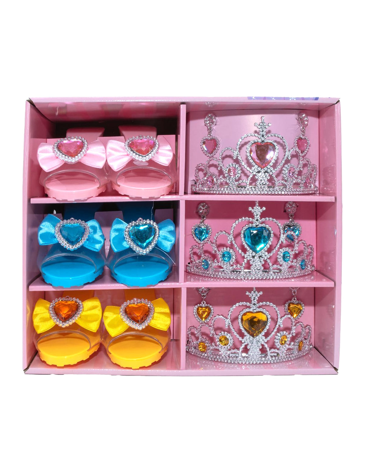 Vue de face des chaussures et diadèmes du coffret accessoires princesses pour enfant