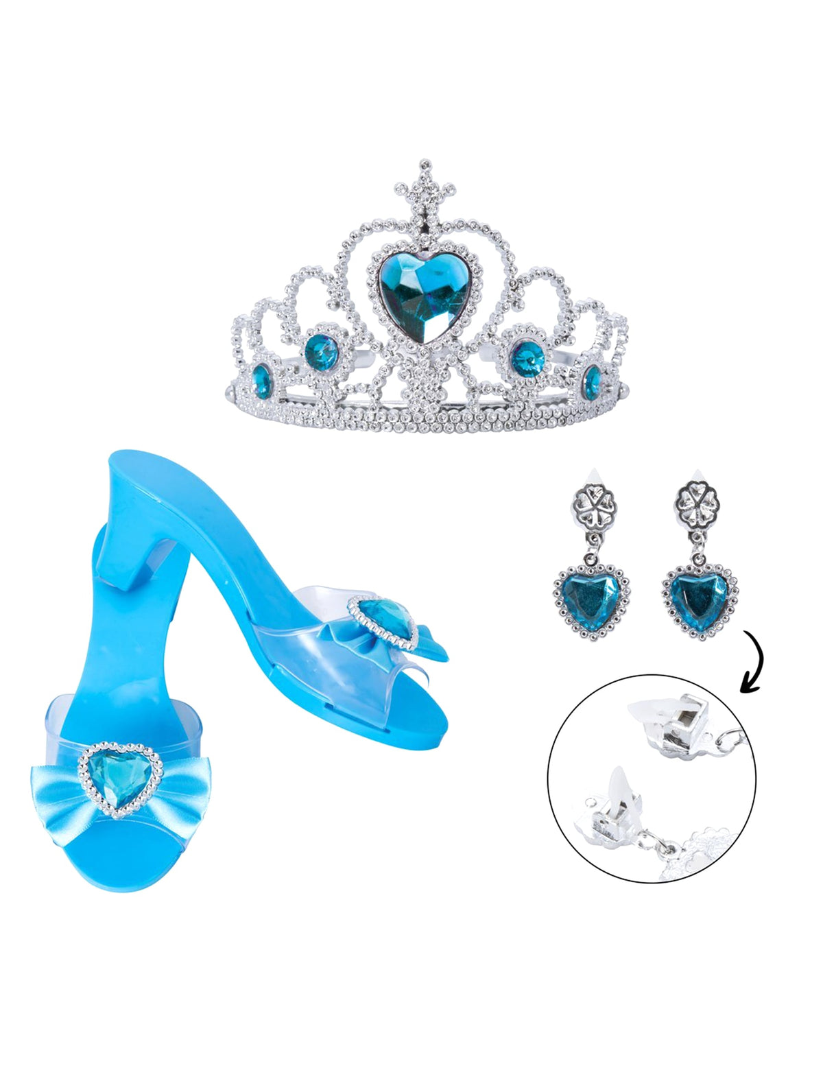 Vue de l'ensemble bleu avec détail des boucles d'oreilles du coffret accessoires princesses pour enfant