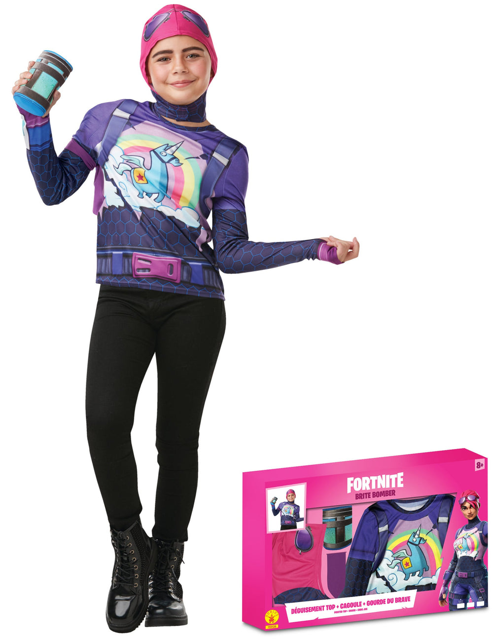 Déguisement Brite Bomber Fortnite pour adolescente violet et rose avec top cagoule et gourde
