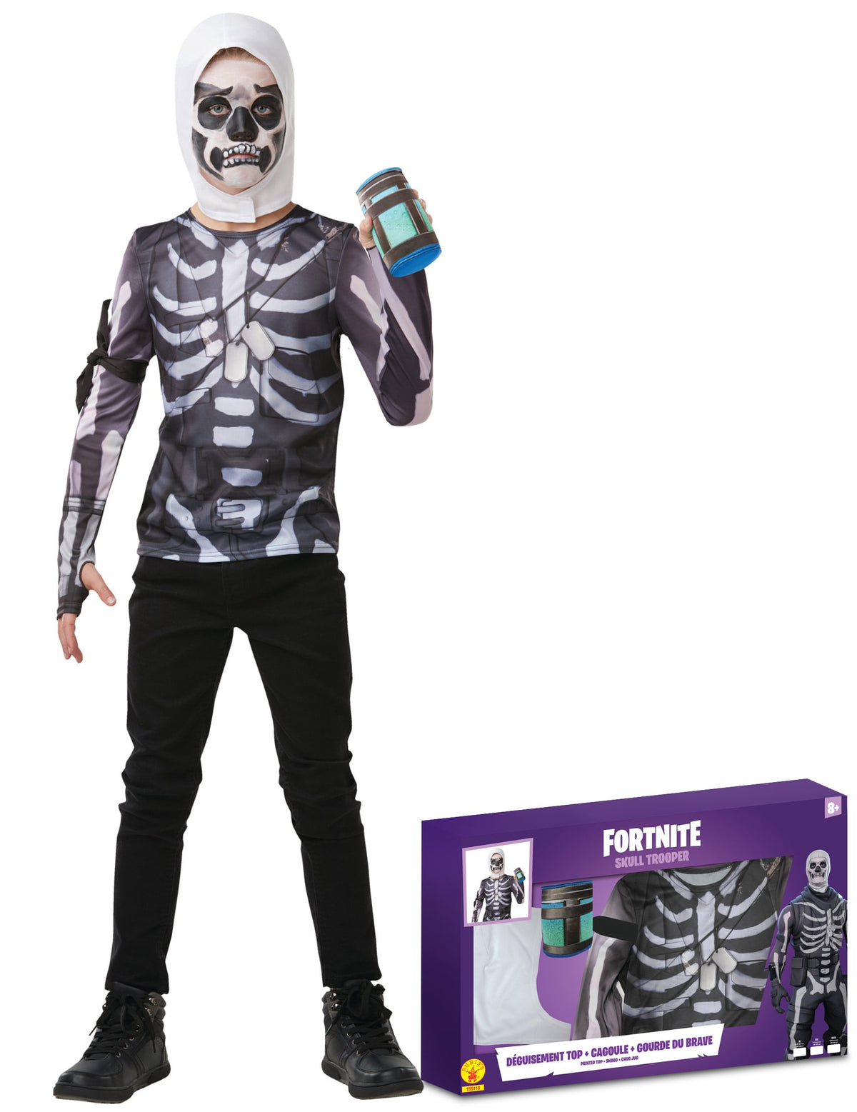 Coffret de déguisement Skull Trooper Fortnite pour adolescent noir et blanc avec cagoule et gourde