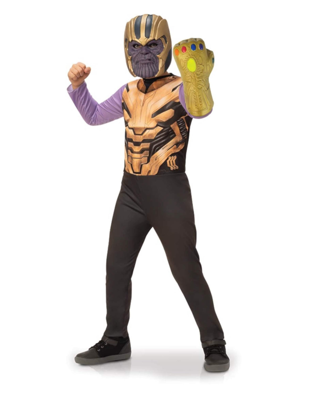 Déguisamento de Thanos para criança dourado e roxo com manopla