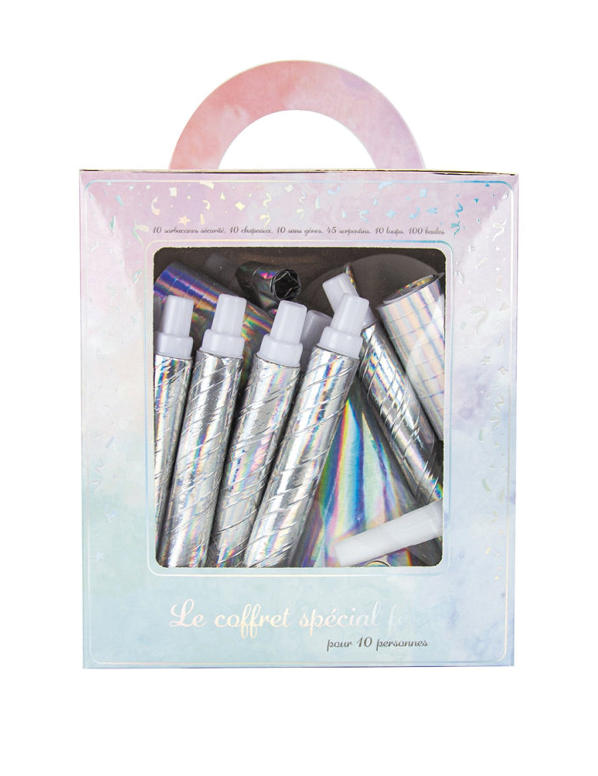 Vue de face de l'emballage du coffret cotillons irisés pour 10 personnes