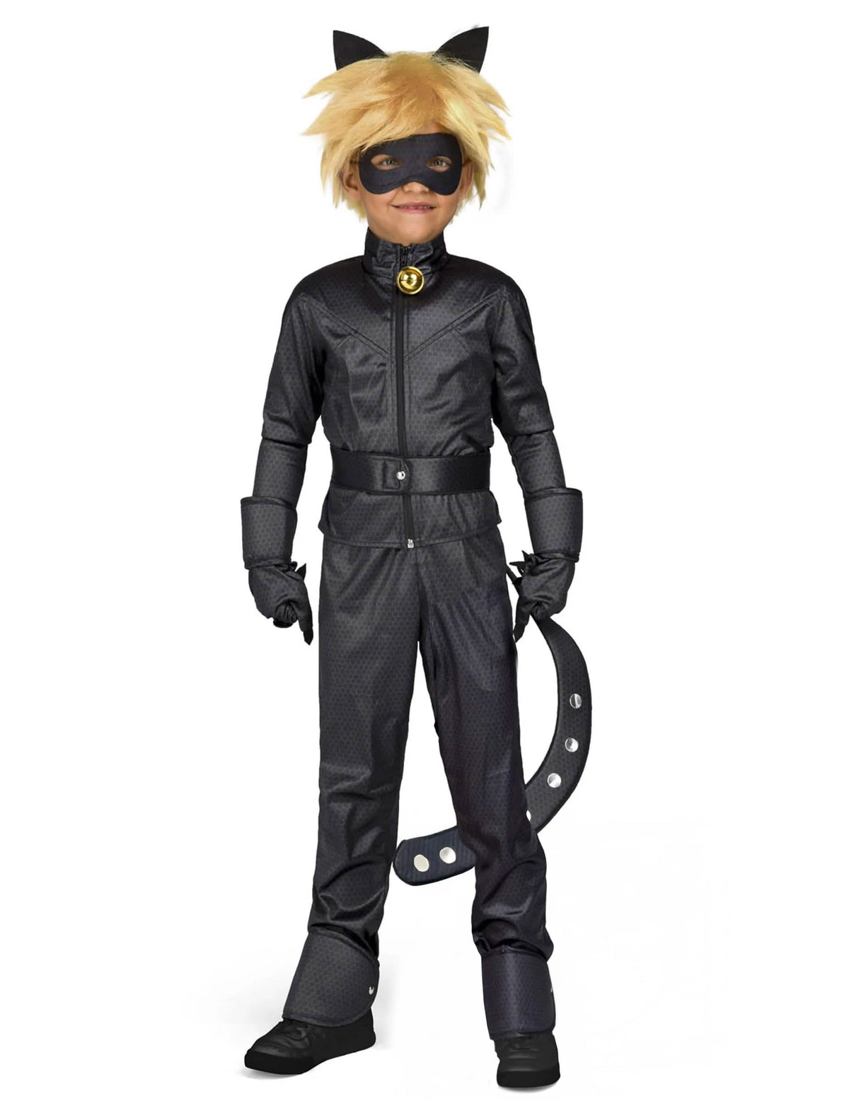 Disfarce completo Chat Noir Miraculous™ para criança preto com máscara e campainha dourada