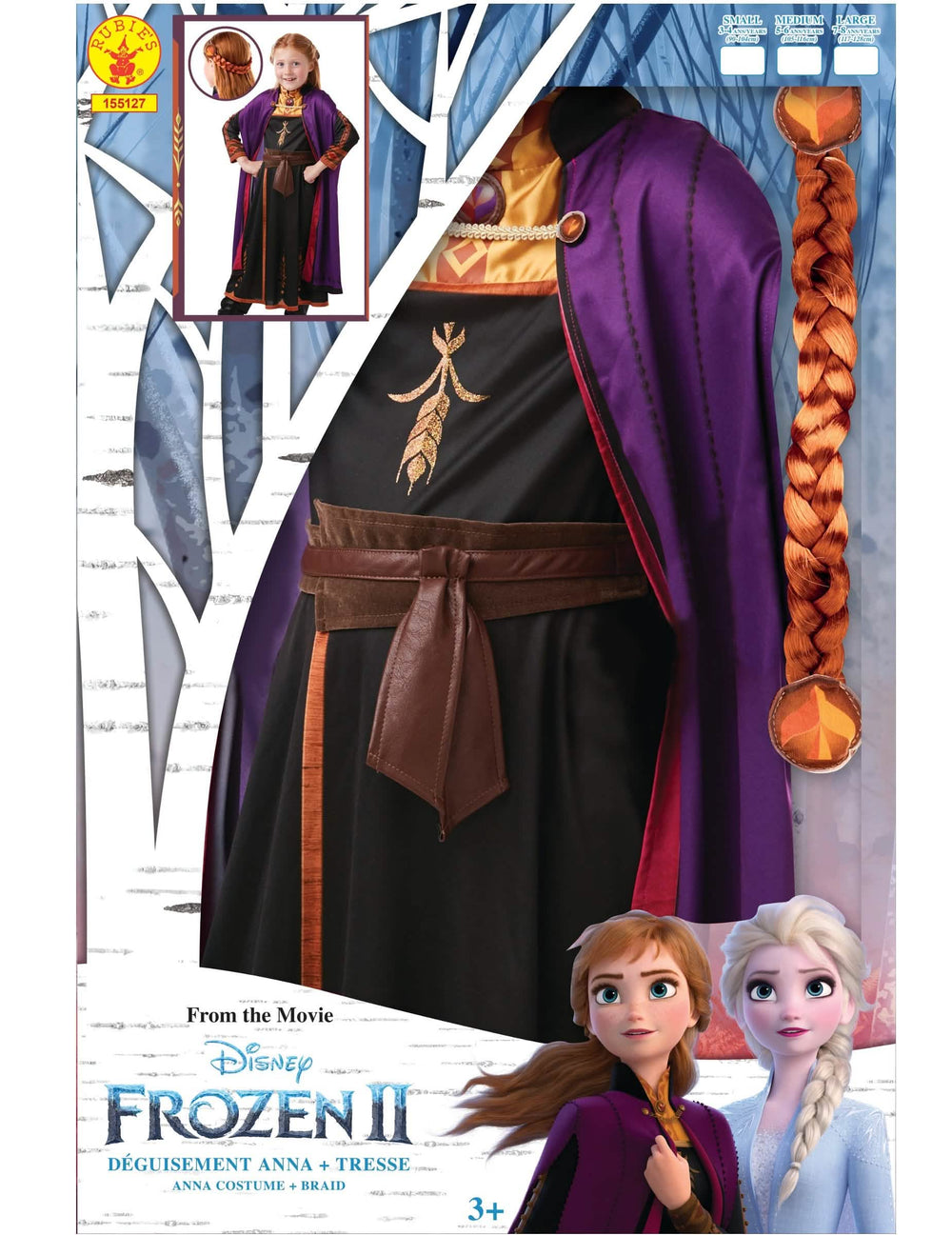 Detalhes da trança e dos acabamentos da caixa de disfarce e trança Anna Frozen 2