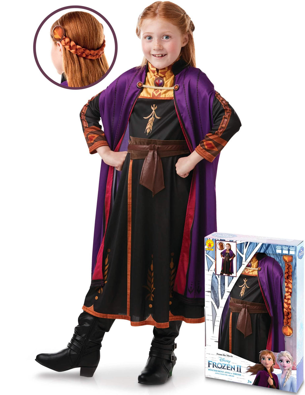 Coffret de disfarce e trança Anna Frozen 2 para menina preto e roxo com capa